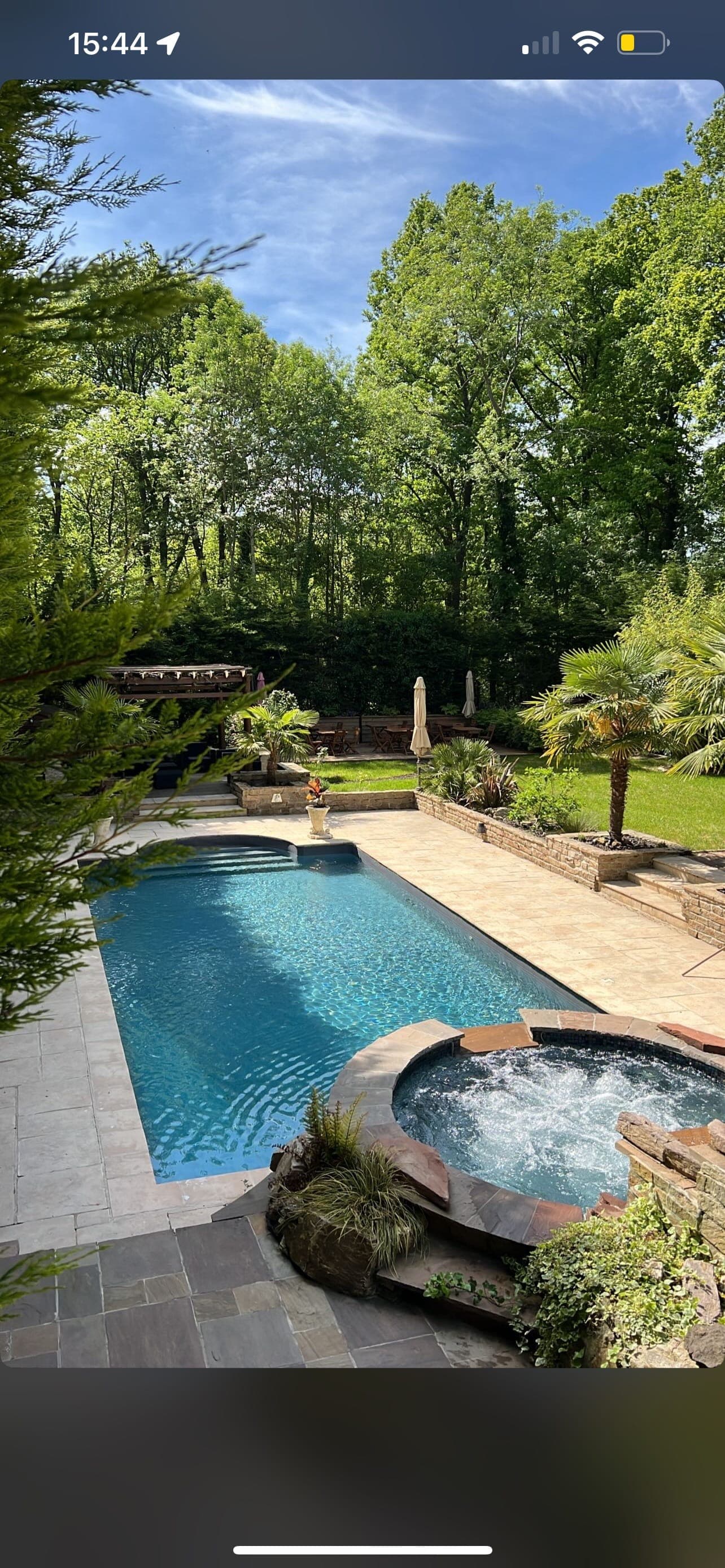 La piscine et le jacuzzi entourés de verdure